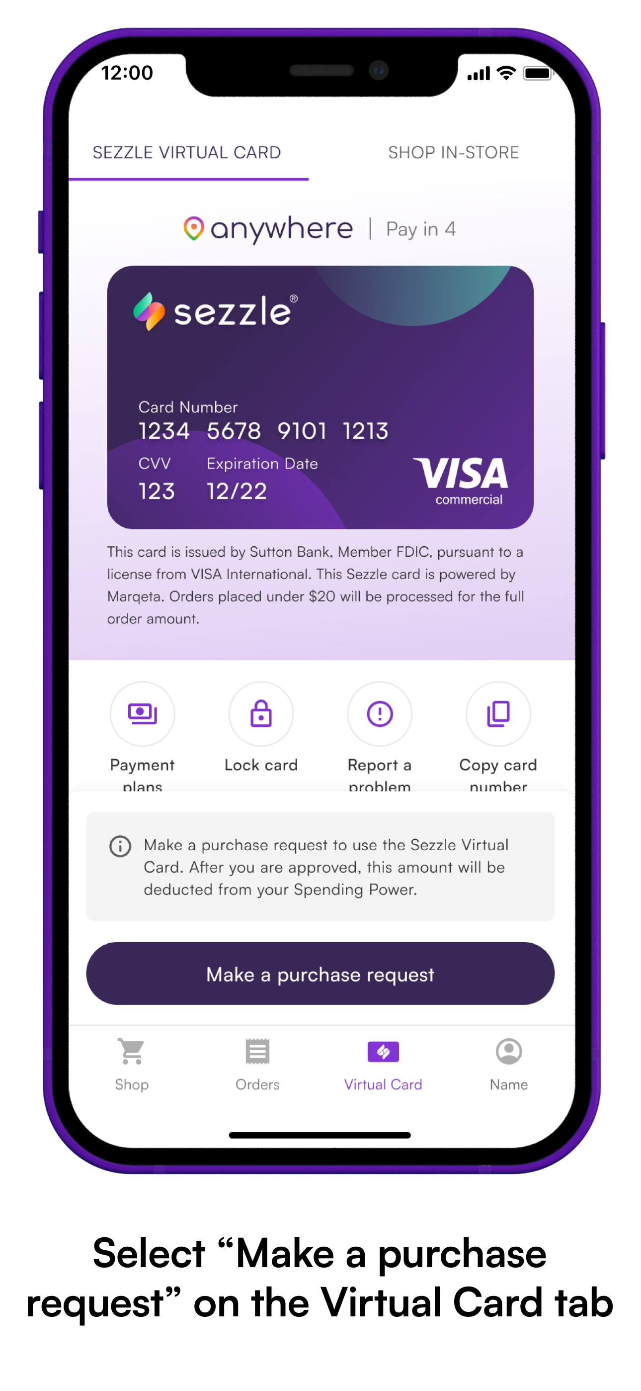 Phone screen showing the Sezzle Virtual Card details. Select "Make a purchase request" on the Virtual Card tab