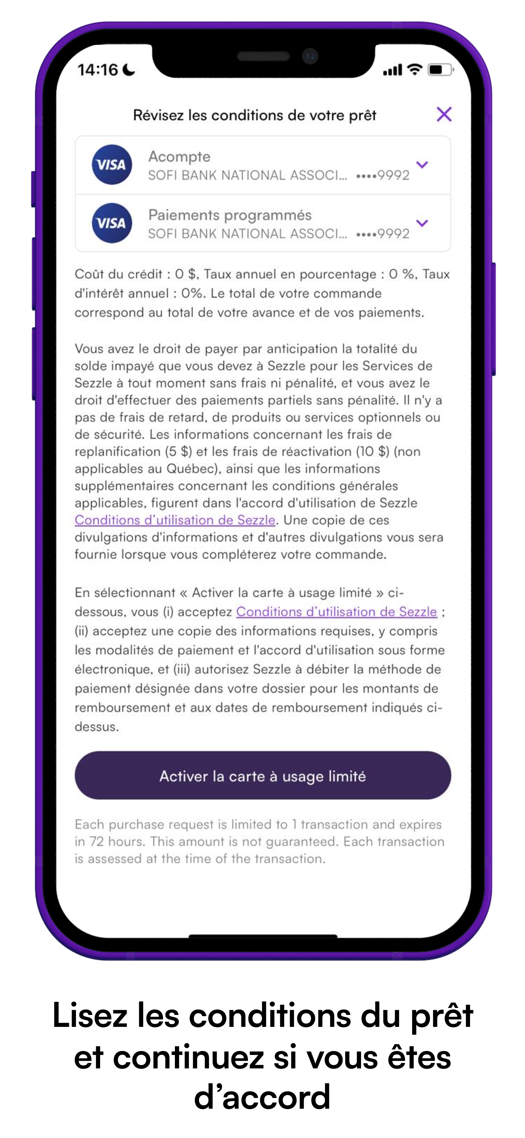 Phone screen gif showing the user checking a box and accepting the terms. "Read loan terms and continue if agreed"
