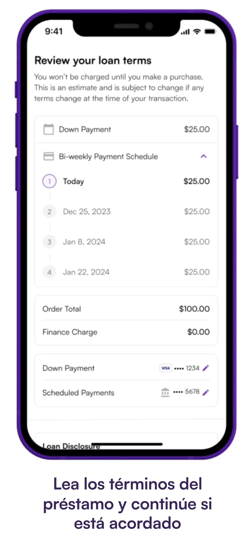 Phone screen gif showing the user checking a box and accepting the terms. "Read loan terms and continue if agreed"