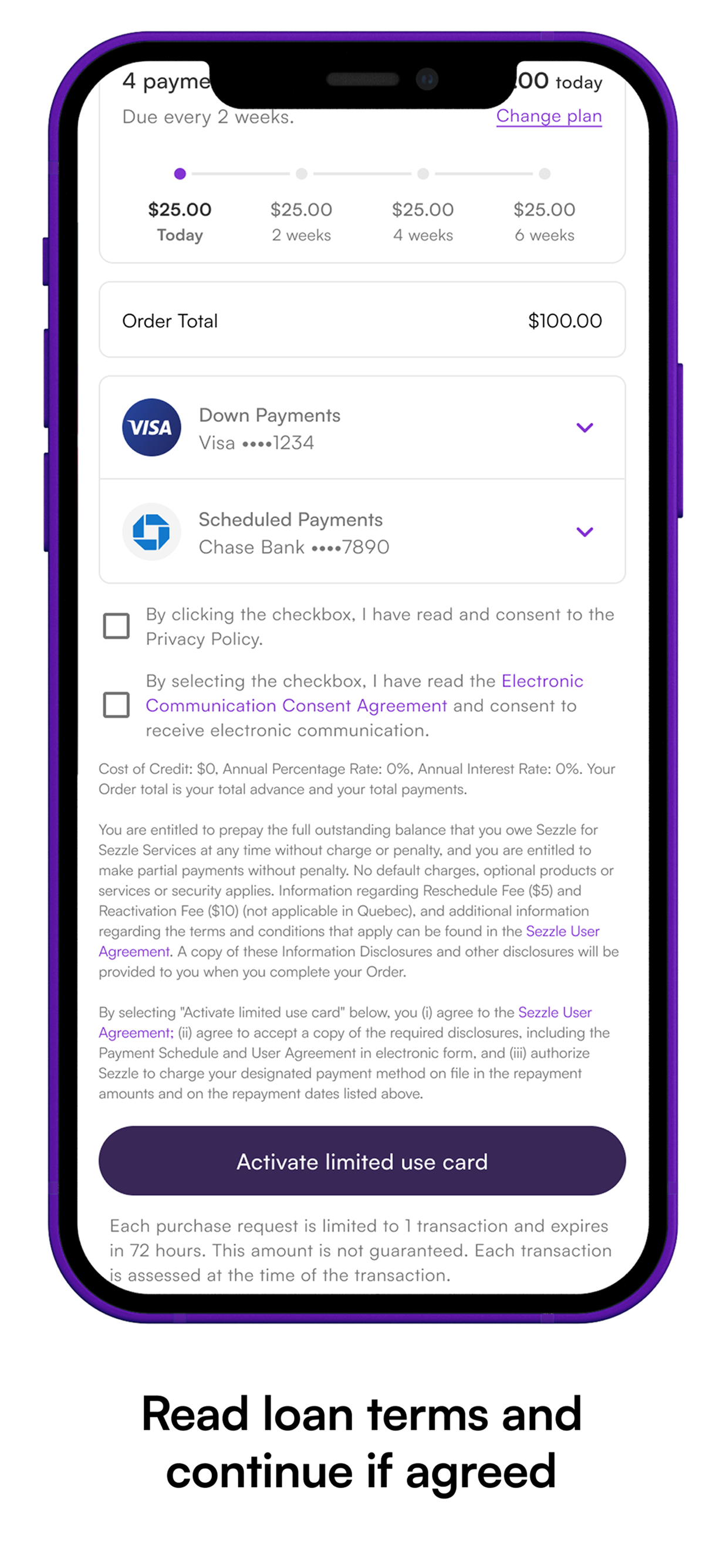 Phone screen gif showing the user checking a box and accepting the terms. "Read loan terms and continue if agreed"