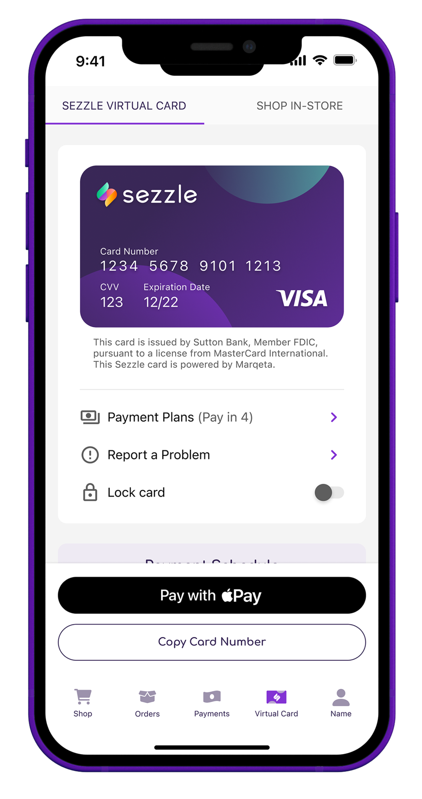 Phone screen showing the Sezzle Virtual Card details
