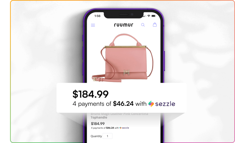 Phone screen showing the Sezzle price breakdown into 4 interest-free payments