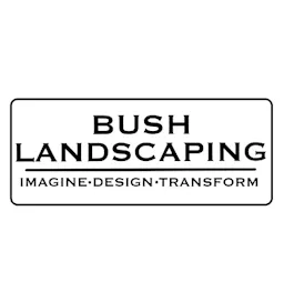 Logo of Bush Landscaping with bold black text inside a rectangular border and tagline “Imagine · Design · Transform.”