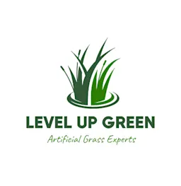 Logo for Level Up Green with green blades of grass above the words “LEVEL UP GREEN” in bold, and the tagline “Artificial Grass Experts” below.