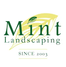 Logo of Mint Landscaping with green serif text, yellow leaf graphic, and tagline “Since 2003.”