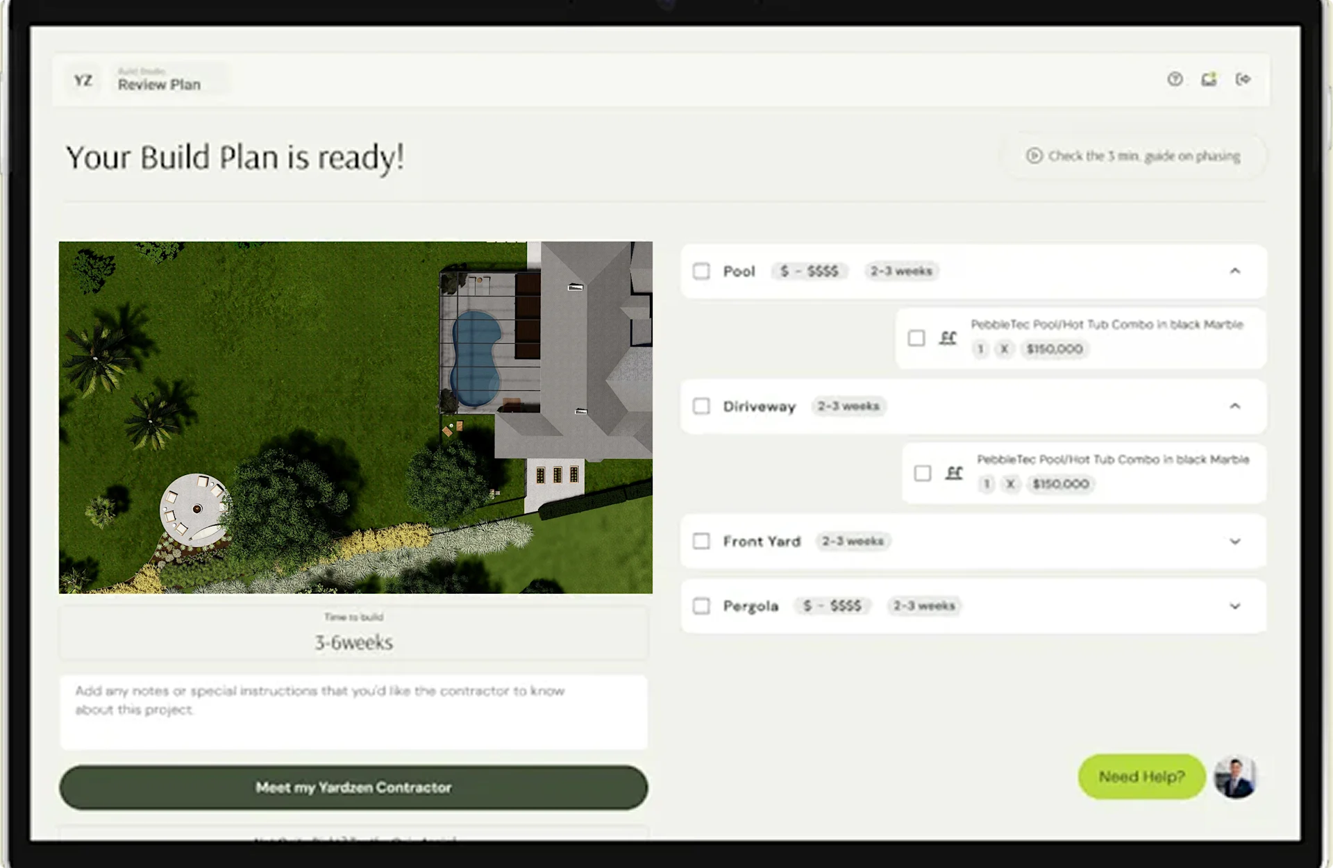 Digital interface showing a completed build plan with aerial renderings, feature options, and project summary.