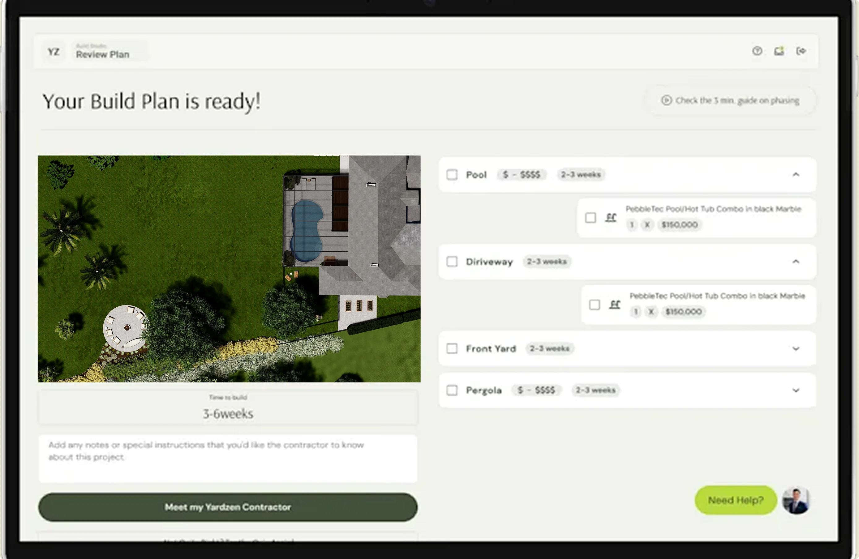 Digital interface showing a completed build plan with aerial renderings, feature options, and project summary.