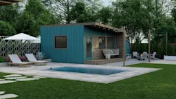 Modern backyard with turquoise shed, swimming pool, and lounge chairs surrounded by trees.