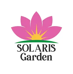Logo for Solaris Garden featuring a pink and yellow lotus flower above the words “Solaris Garden” in black serif text.