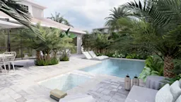 Lush tropical backyard with a small pool, palm trees, and landscaped greenery around a patio area.