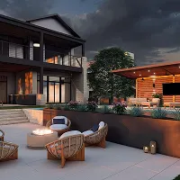 Modern backyard design at dusk with a two-story home, outdoor lounge chairs around a firepit, and a wooden cabana with seating and a TV.