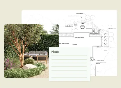 Landscape design board with garden photos, plans, and plant list.
