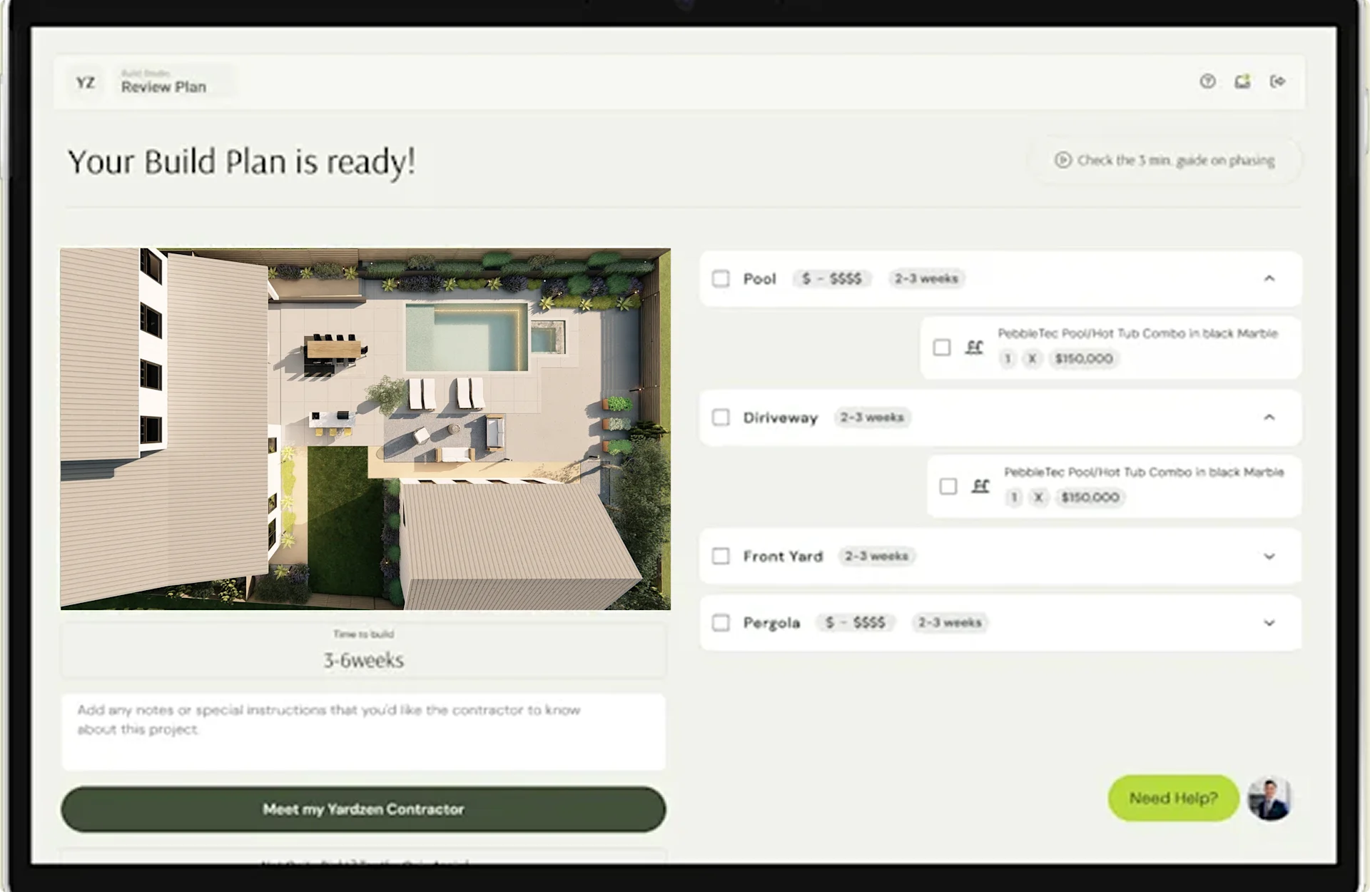 Digital interface showing a completed build plan with layout preview, material selections, and cost summary.