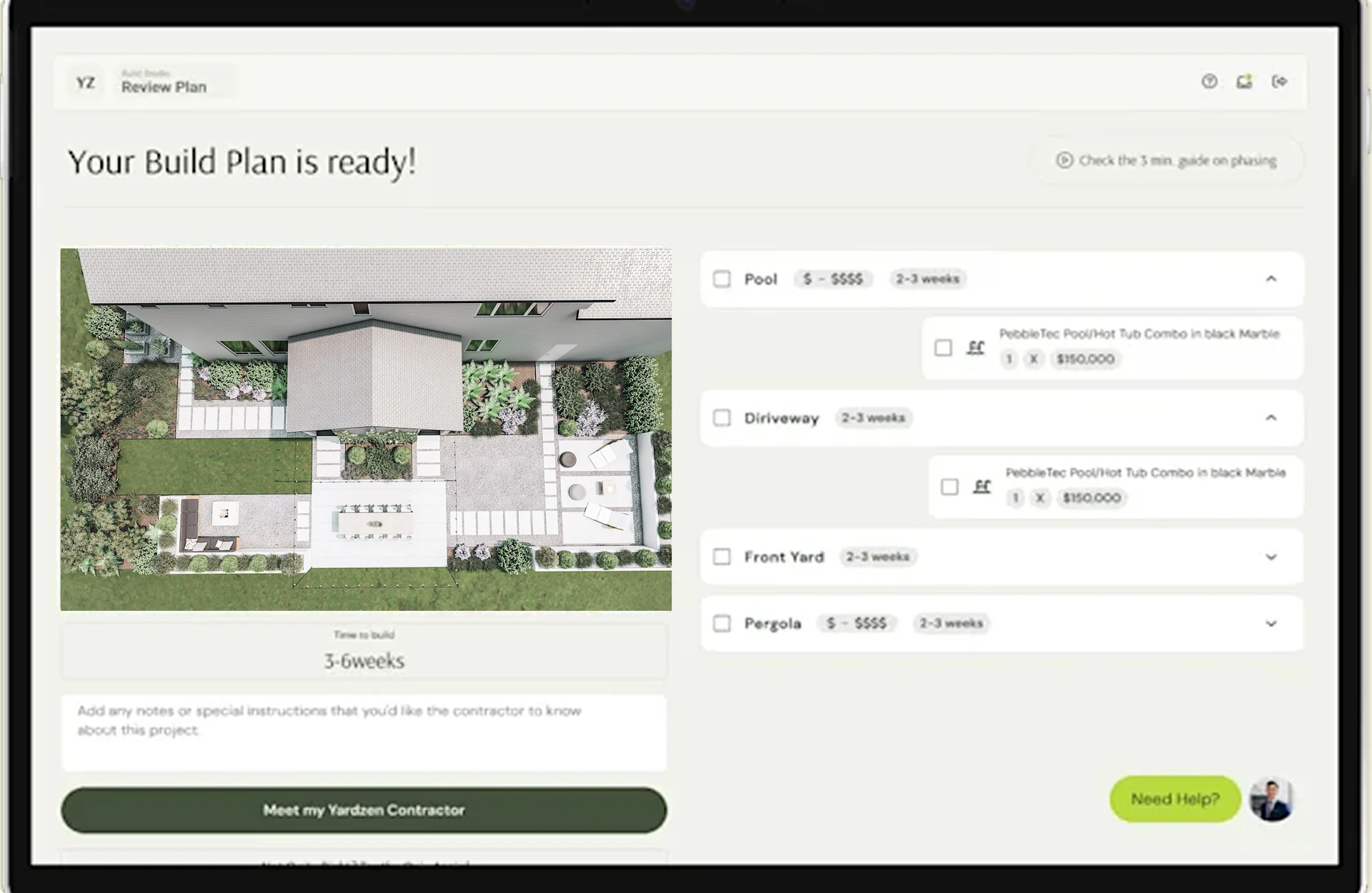 Digital interface showing a completed build plan with aerial backyard view and cost breakdown.