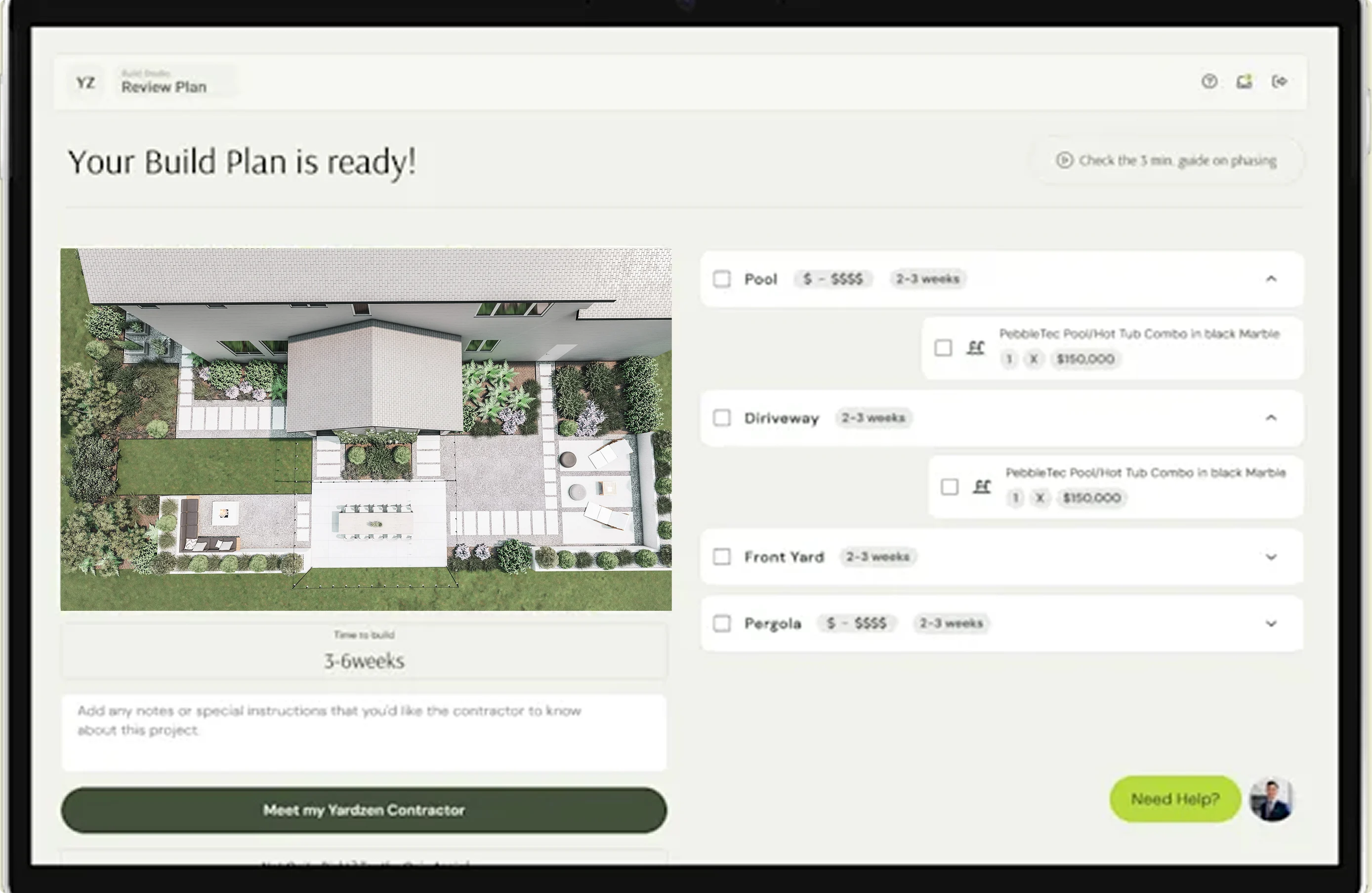 Digital interface showing a completed build plan with aerial backyard view and cost breakdown.