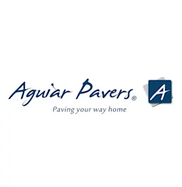 Logo of Aguiar Pavers with blue script text and tagline “Paving your way home.