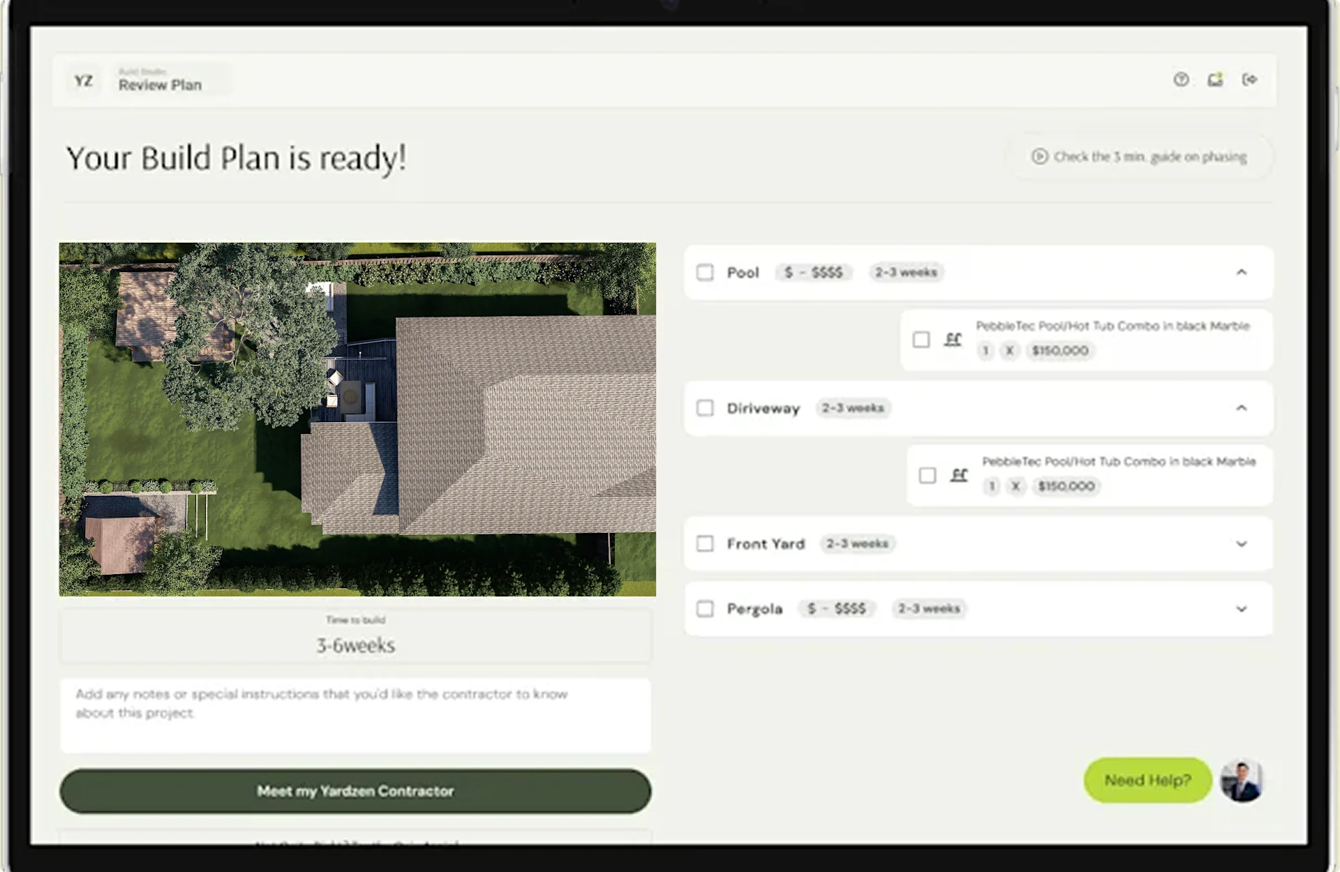 Digital interface showing a completed build plan with aerial view of backyard and cost options.