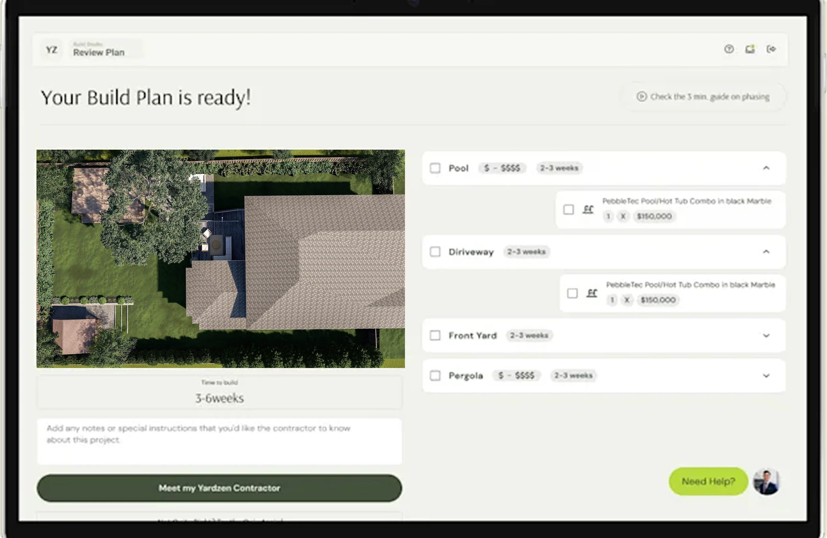 Digital interface showing a completed build plan with aerial view of backyard and cost options.