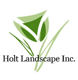 Logo of Holt Landscape Inc. with green abstract leaf design and serif black text.