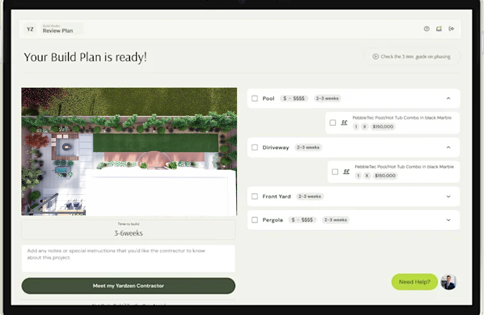 Digital interface showing a completed build plan with aerial garden view and cost breakdown.
