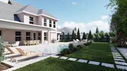 Modern two-story home with backyard swimming pool, lounge chairs, outdoor dining area, and landscaped garden.
