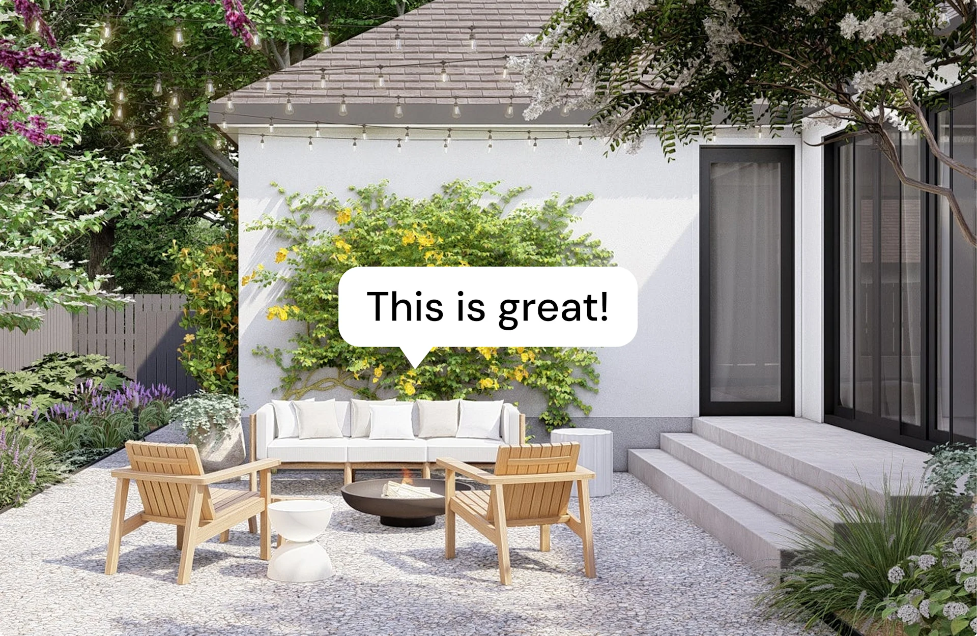 3D render of backyard with outdoor lounge seating and plants, featuring a speech bubble that says “This is great!”.