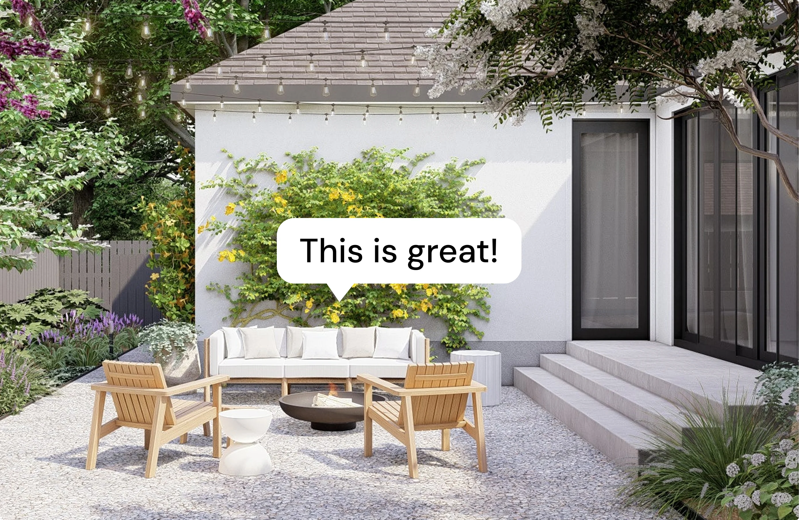 3D render of backyard with outdoor lounge seating and plants, featuring a speech bubble that says “This is great!”.