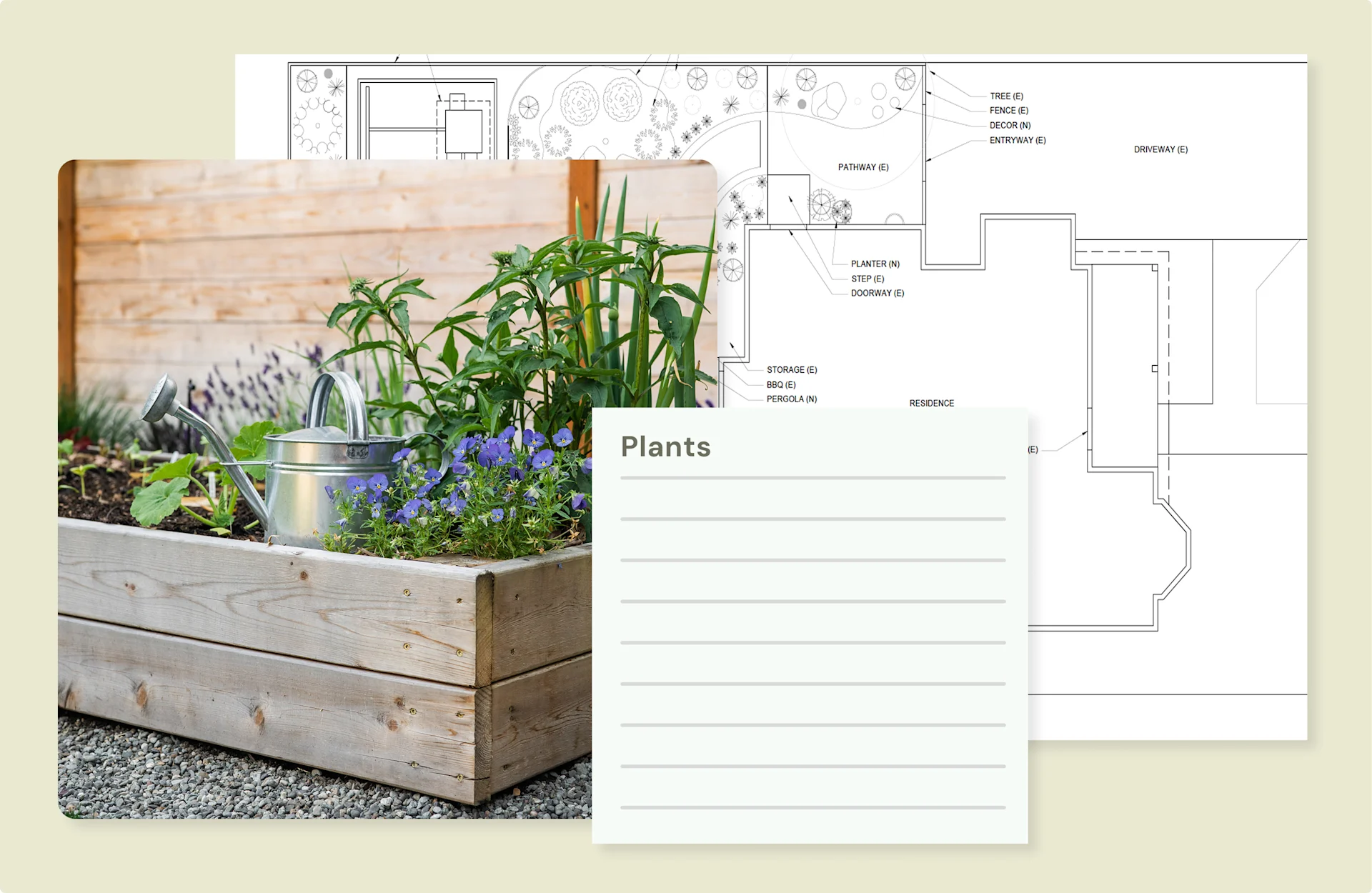 Overlay of garden plan drawings with a photo of a raised planter box filled with plants.