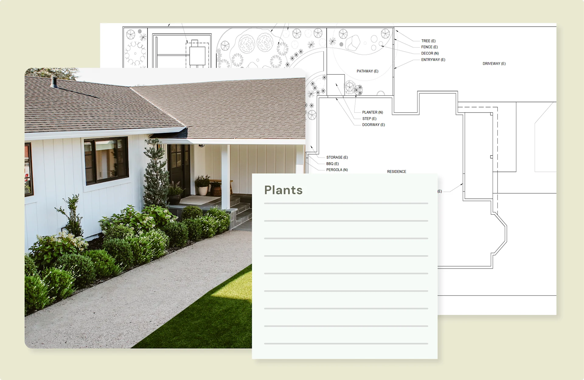 Garden design plans and plant list illustration overlaid on a landscaped front yard and house exterior.