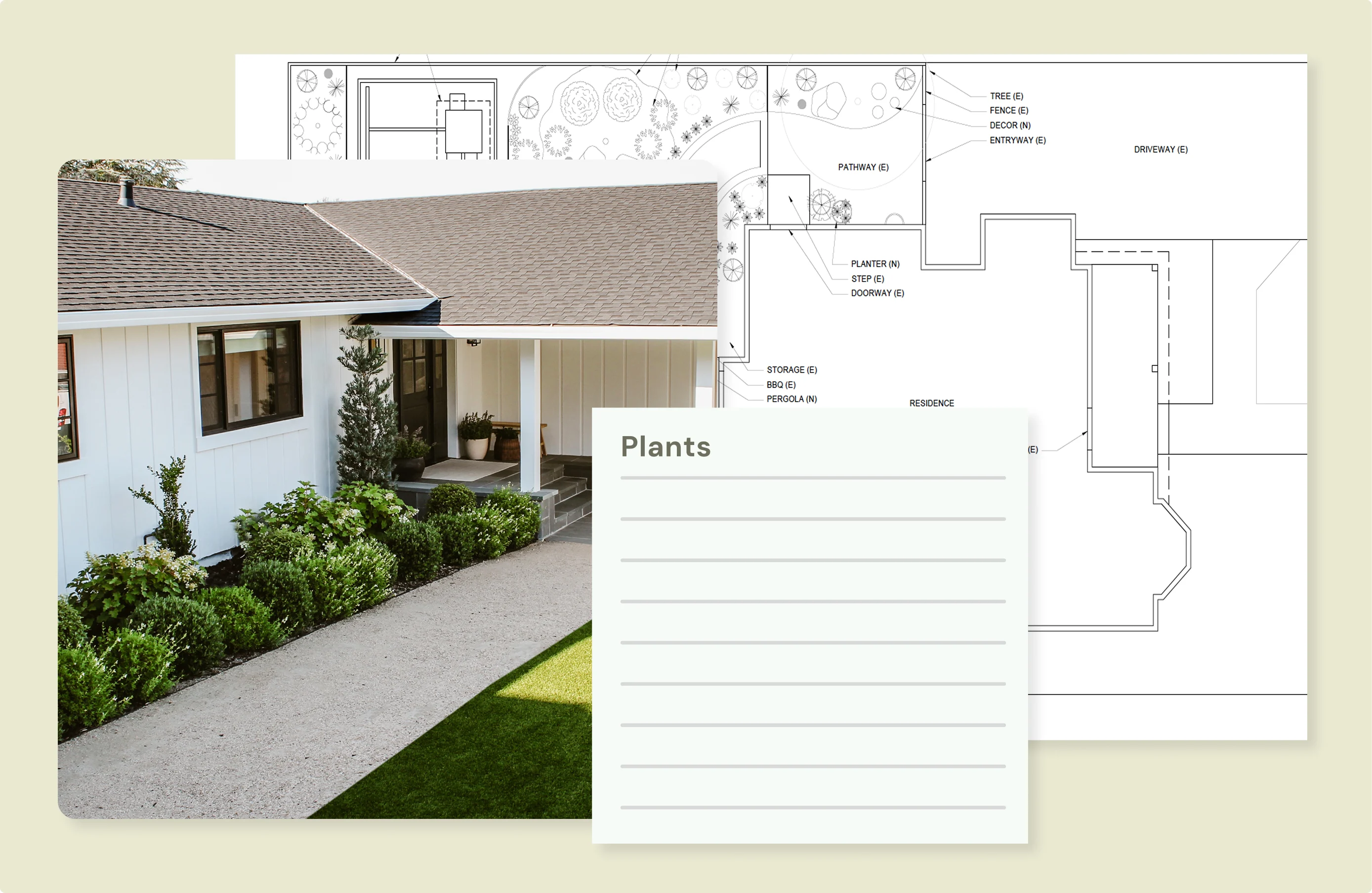 Garden design plans and plant list illustration overlaid on a landscaped front yard and house exterior.