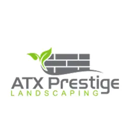 Logo of ATX Prestige Landscaping featuring a gray brick wall with a green leaf sprout.