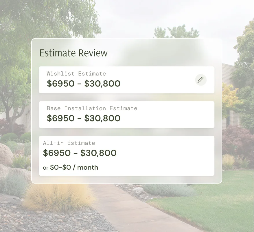 Estimate review interface overlay showing project cost breakdown and monthly payment options.