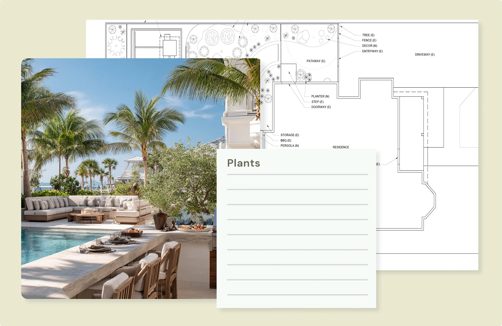 Overlay of landscape design plans with an image of a tropical-style outdoor dining space featuring palm trees and lounge seating.