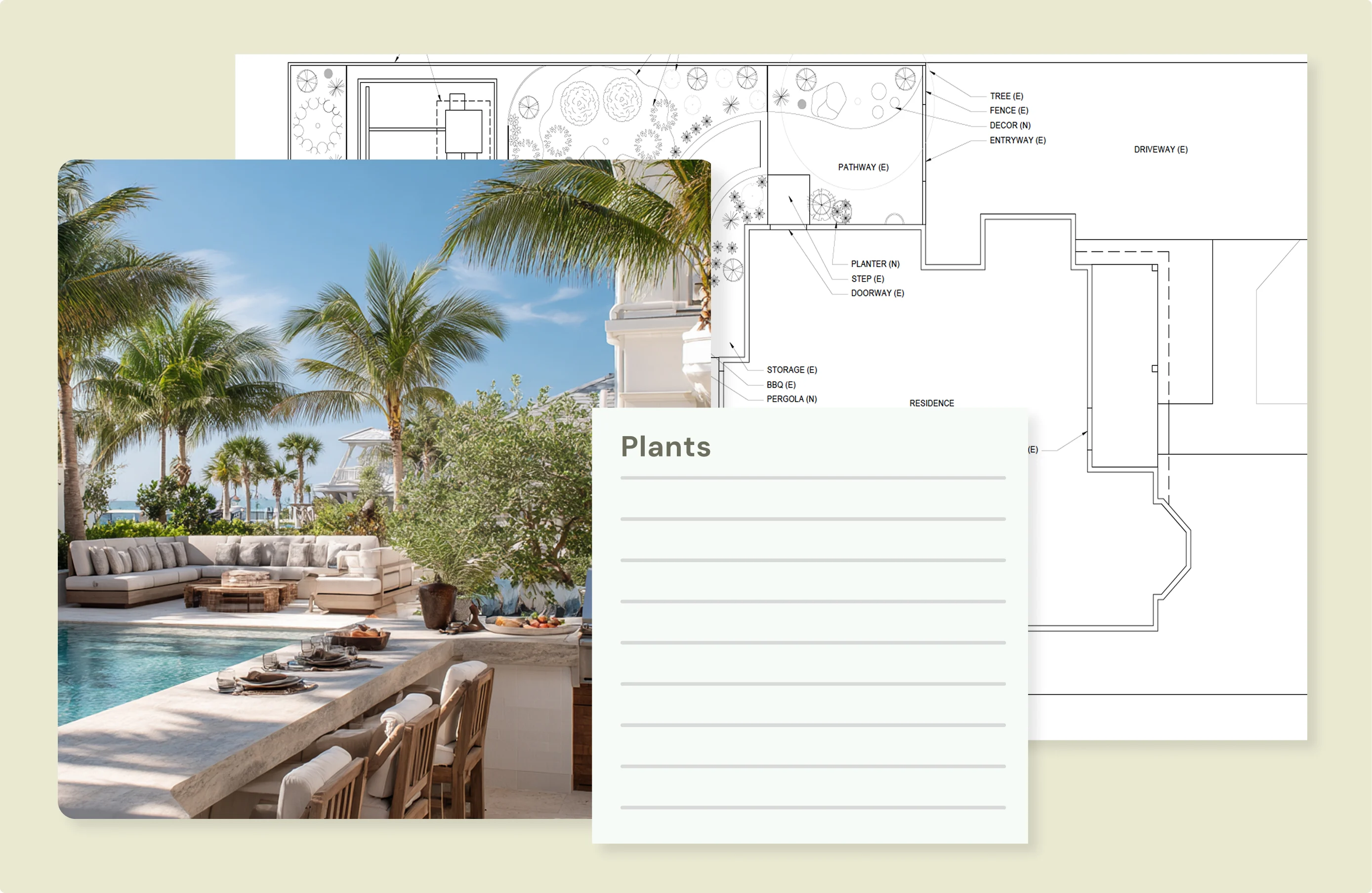 Overlay of landscape design plans with an image of a tropical-style outdoor dining space featuring palm trees and lounge seating.