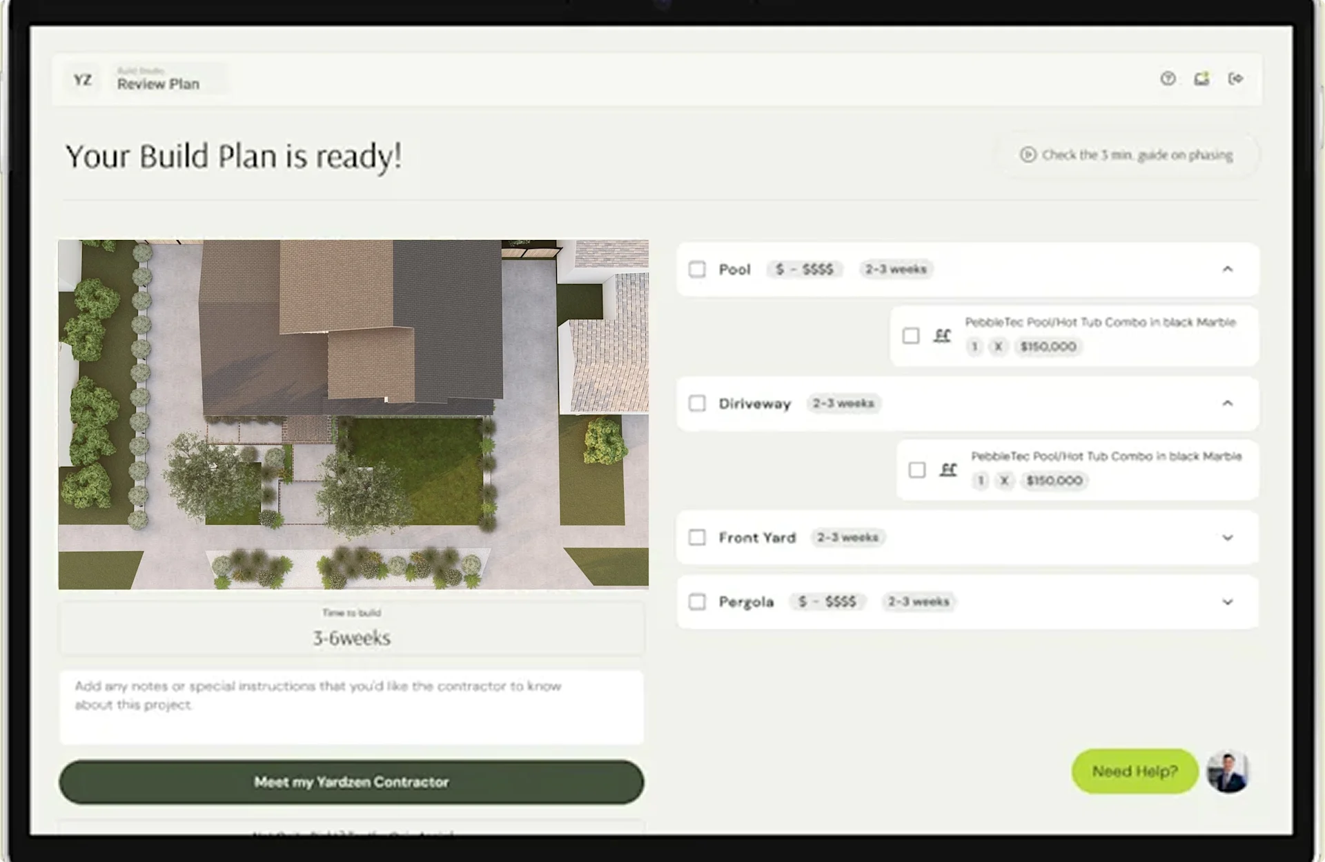 Digital interface showing a completed build plan with aerial garden view and cost breakdown.