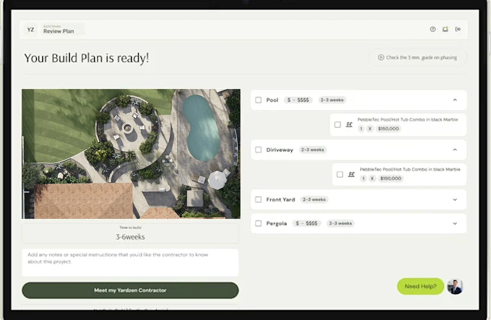 Digital interface displaying a completed build plan with an aerial view of a landscaped backyard and cost options.