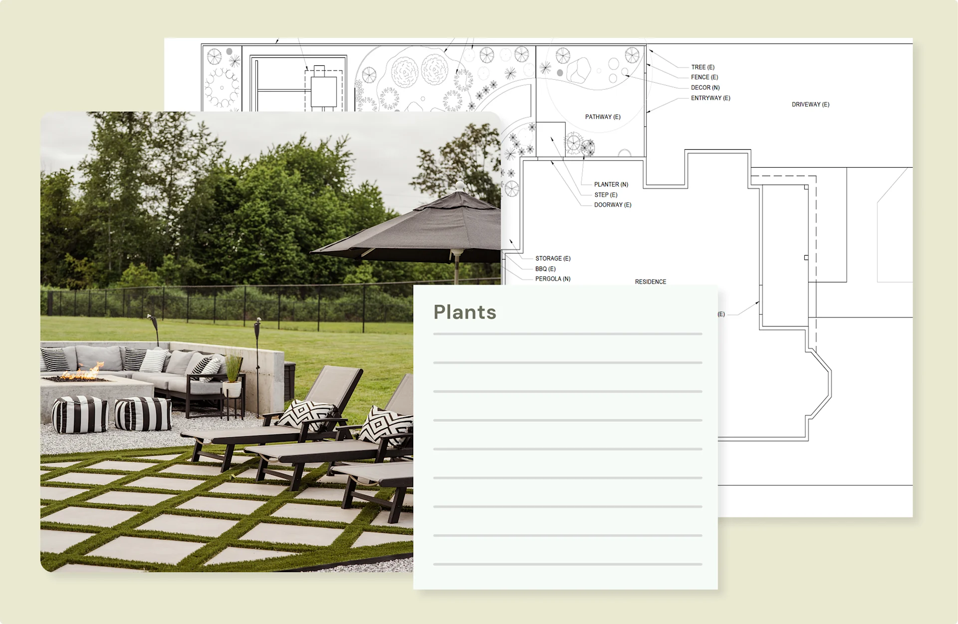 Garden design plans and plant list illustration overlaid on modern backyard with lounge seating.