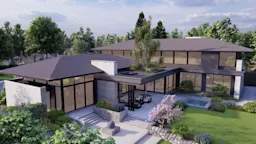 Modern two-story house with large windows, landscaped backyard, and outdoor lounge area.