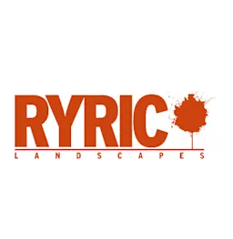 Logo for Ryric Landscapes with bold orange text “RYRIC” and a red maple leaf symbol.