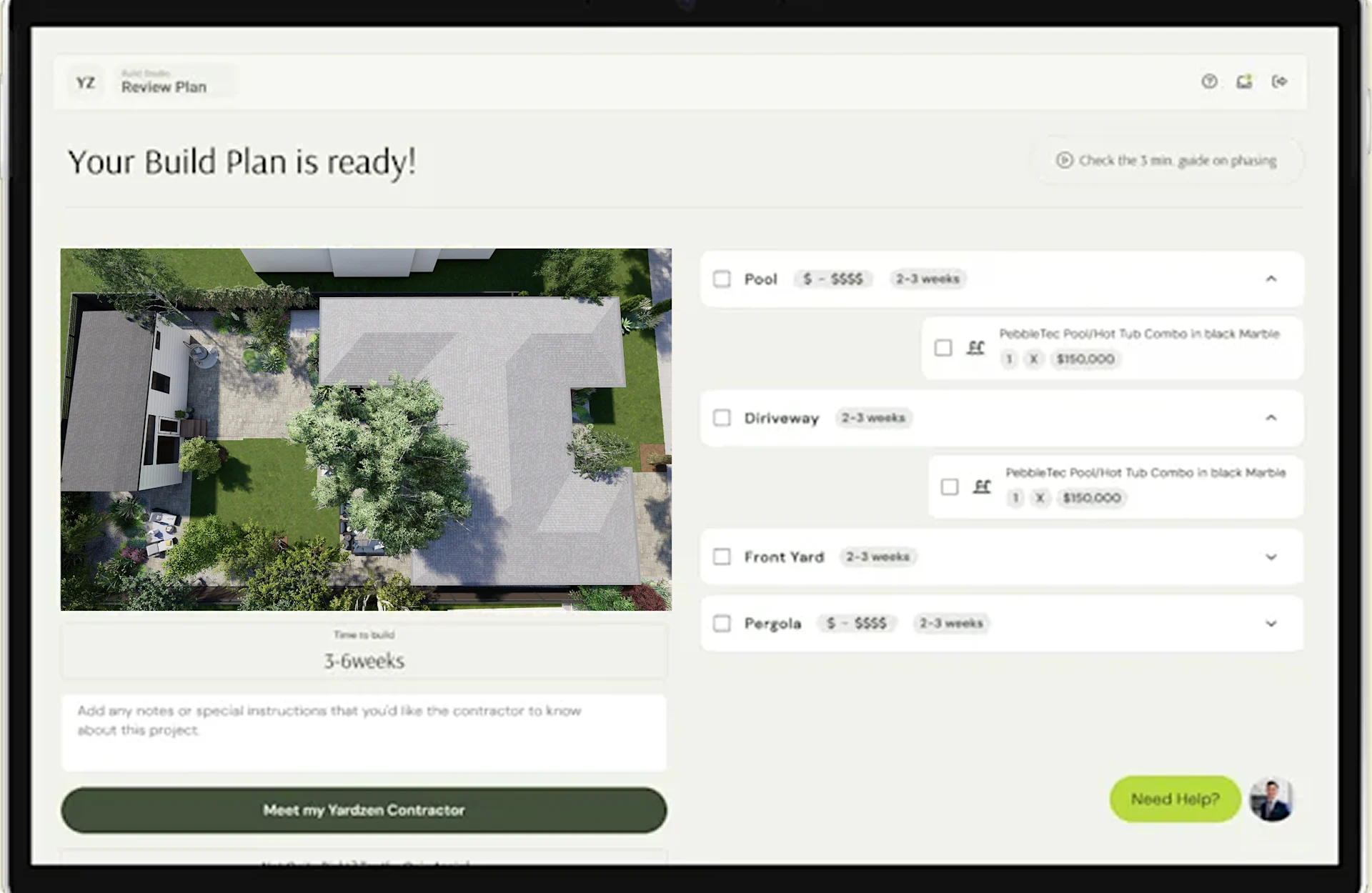 Digital interface showing a completed build plan with aerial backyard view and cost breakdown.