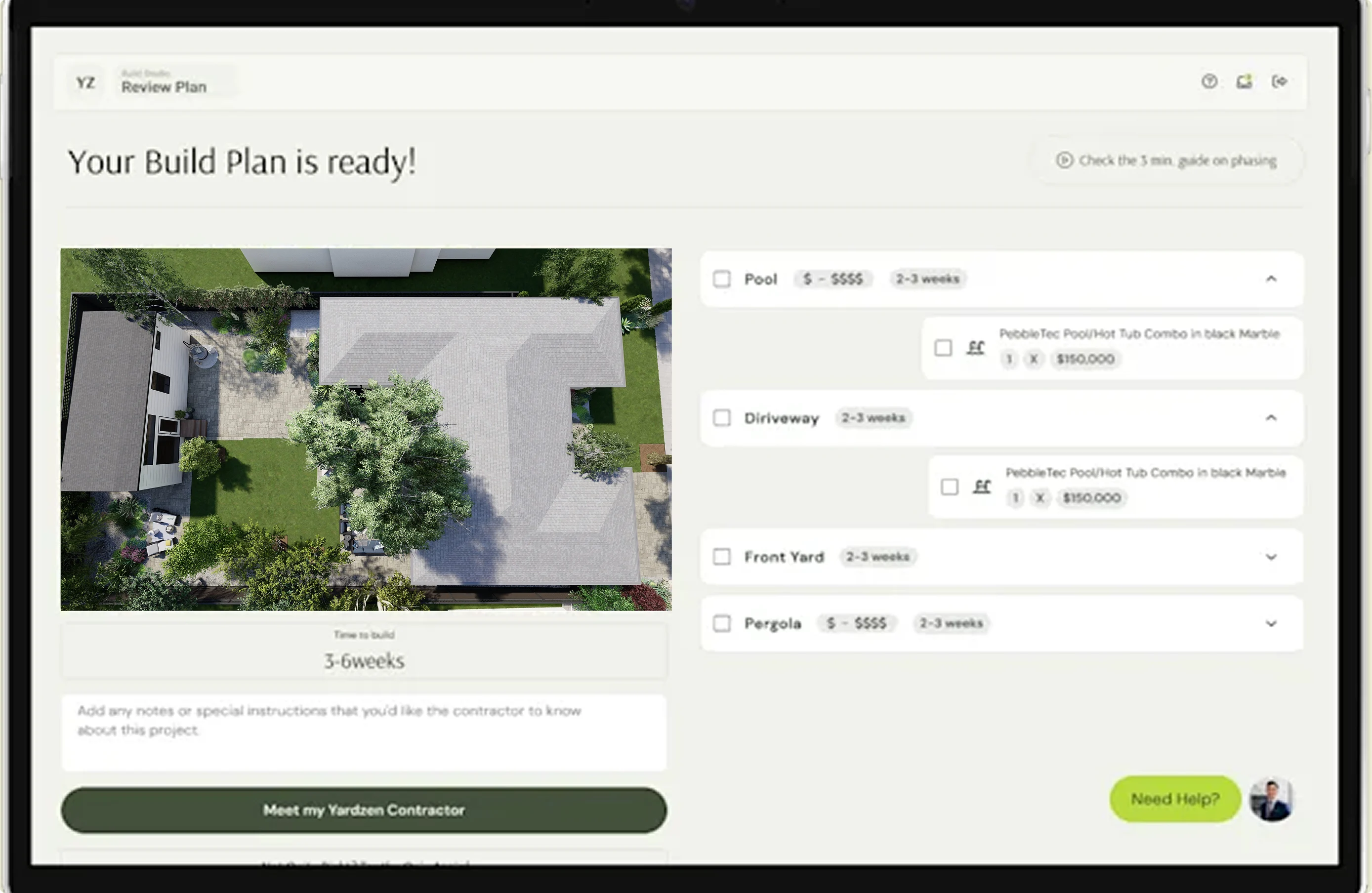 Digital interface showing a completed build plan with aerial backyard view and cost breakdown.