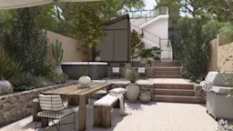Modern terraced backyard in Mill Valley with outdoor dining table, benches, barbecue grill, and landscaped stairs.