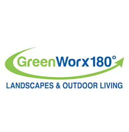 Logo of GreenWorx180° Landscapes & Outdoor Living with green and blue text and an arrow graphic.