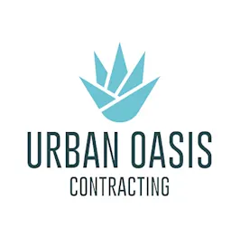 Logo of Urban Oasis Contracting with a blue abstract agave plant icon and bold sans serif text