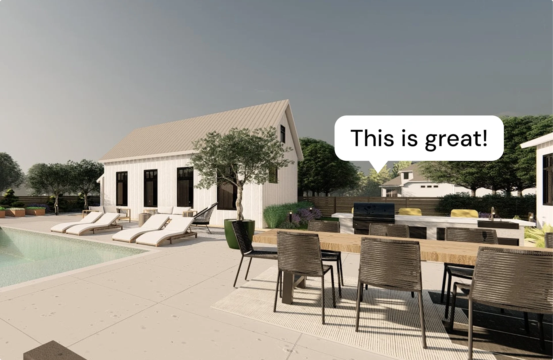 3D render of backyard with swimming pool, lounge chairs, and modern landscaping, featuring a speech bubble that says “This is great!”.
