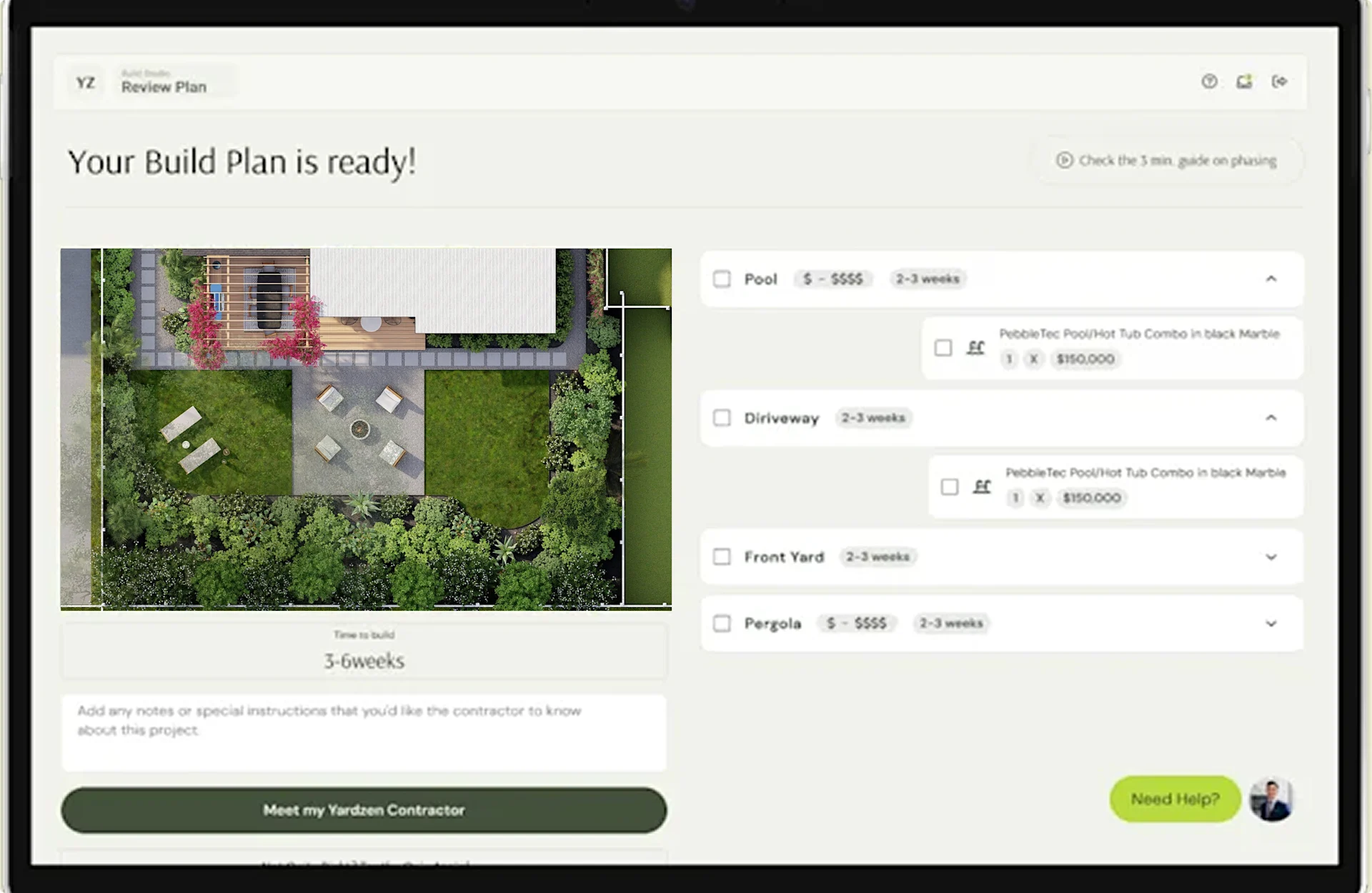 Digital interface showing a completed build plan with top-view renderings, landscaping layout, and project details.