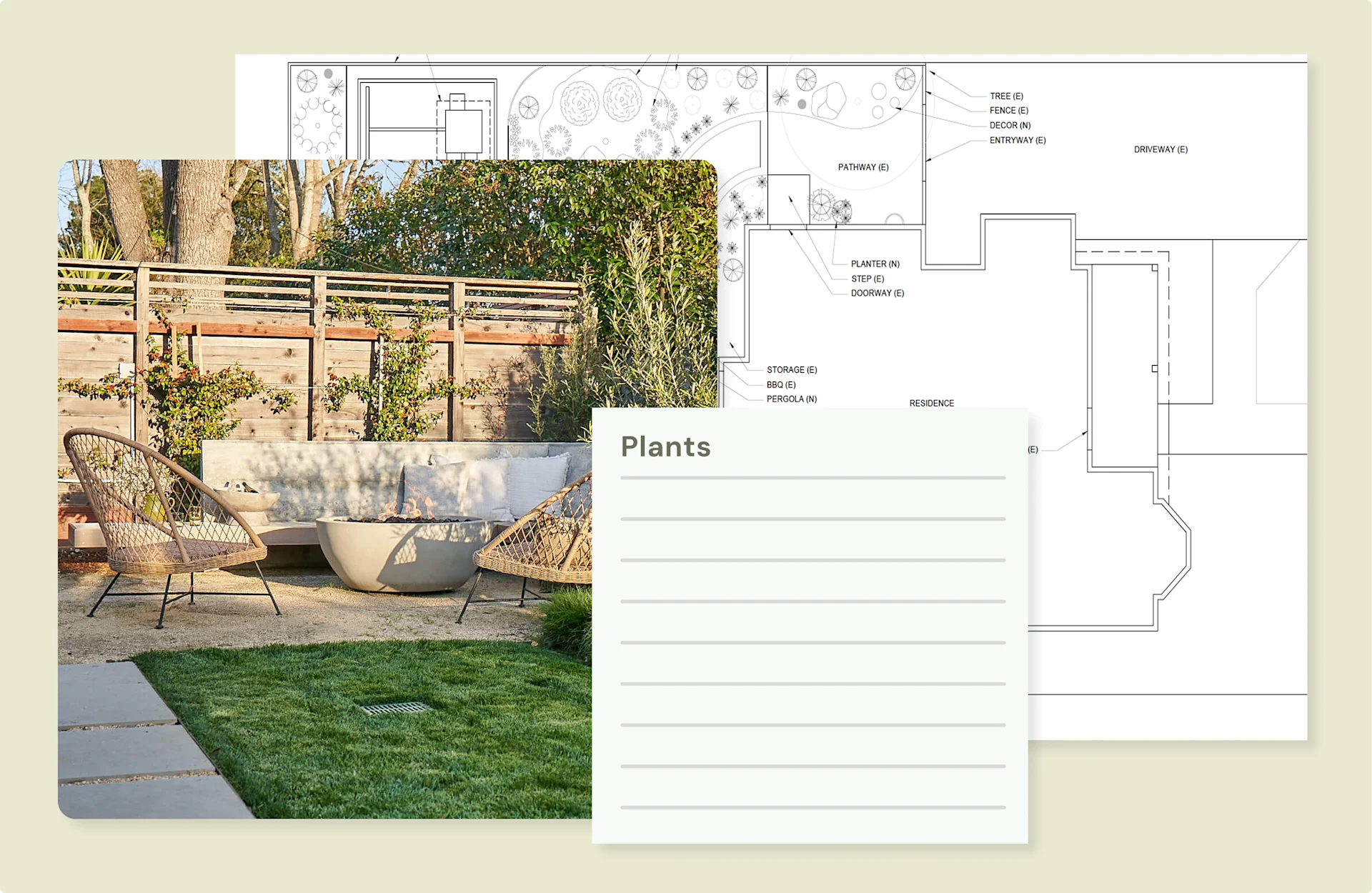 Garden design plans and plant list illustration overlaid on a landscaped patio with seating.