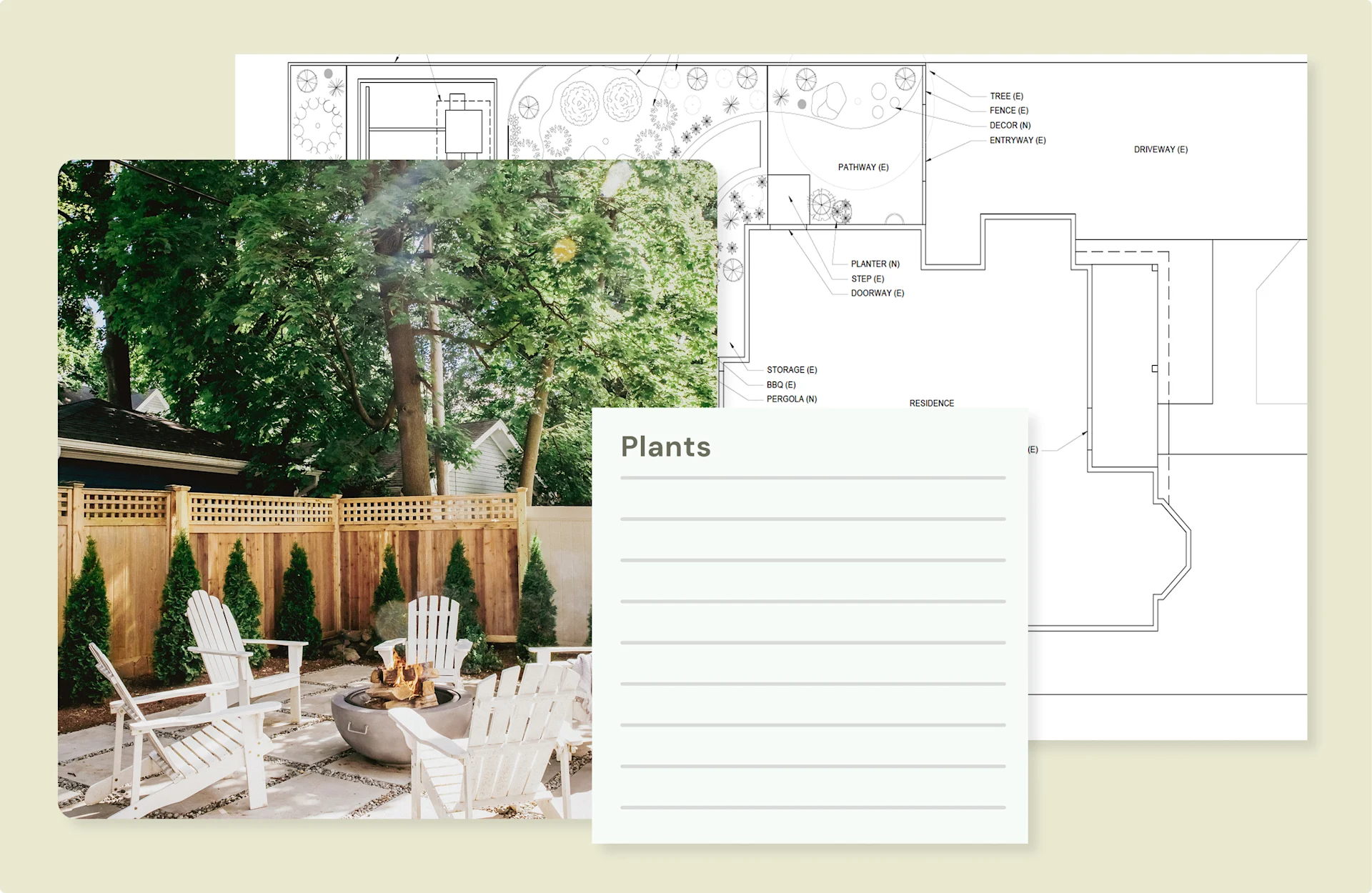 Garden design plans and plant list illustration overlaid on patio with white Adirondack chairs and wooden fence.