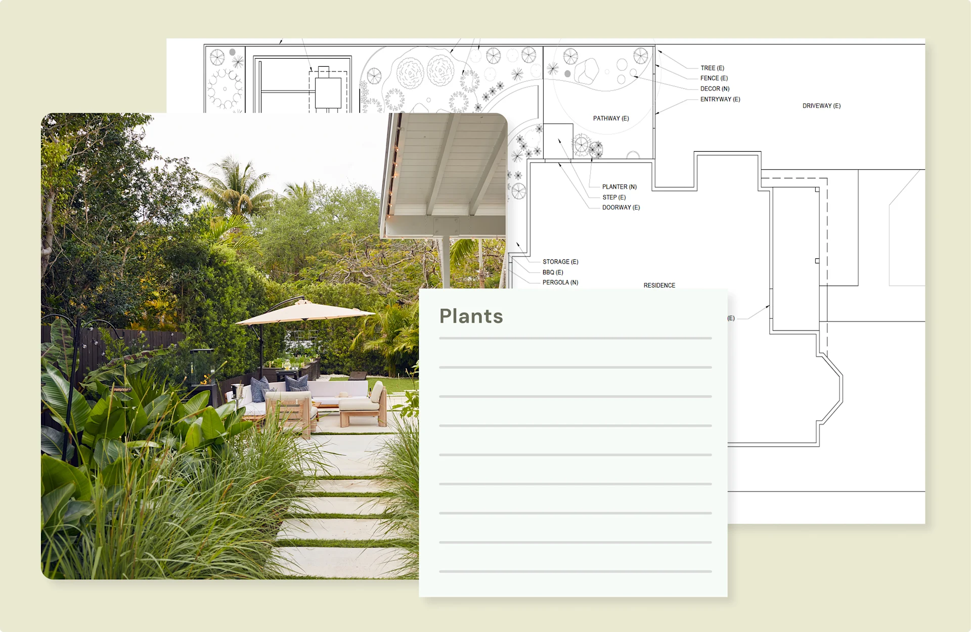 Overlay of landscape design plans with a photo of a garden path and tropical plants.