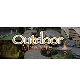 Logo for Outdoor Masters Inc with the words “Outdoor Masters” in textured lettering over a background image of landscaping and outdoor living.